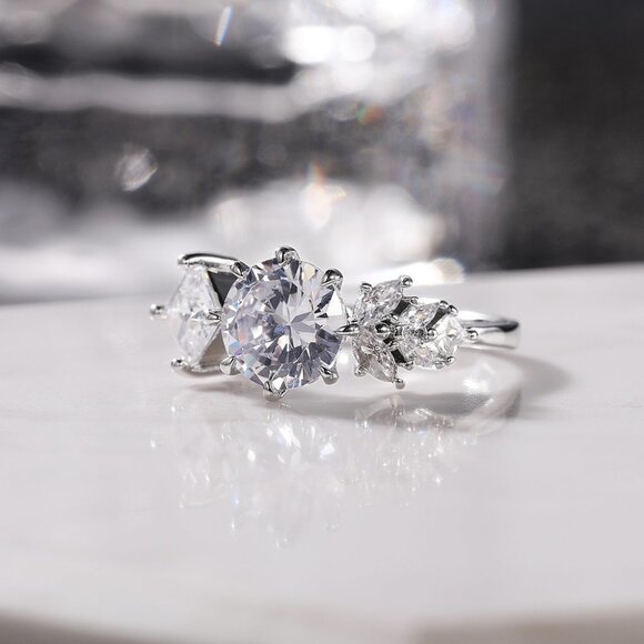 ▶CZ Square Leaf 925 Silver Plated Wedding/Engagement Ring for Women, K940 - Picture 7 of 10